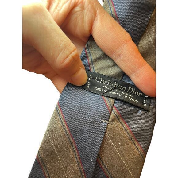 Christian Dior All Silk Men's Vintage Designer Tie Slanted Strips Blue & Brown - Picture 6 of 11